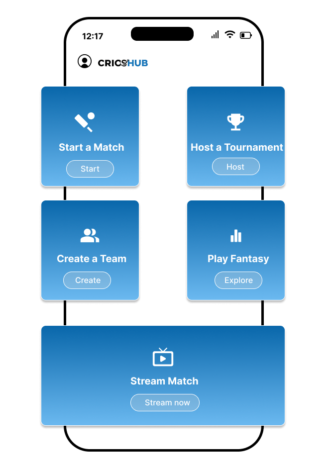 Cricshub app interface on phone